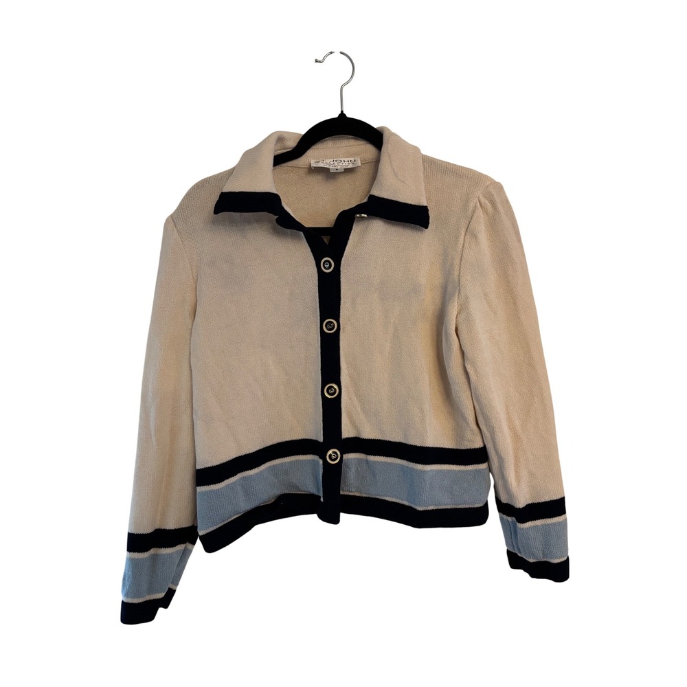 St John Collection Marie Gray Knit Cardigan Sweater Cream Navy Blue Striped 6